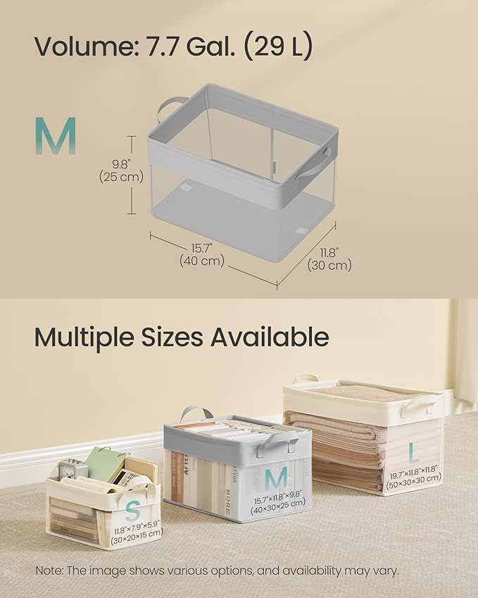 SONGMICS Storage Bins Set of 3, Medium Fabric Storage Baskets, Foldable Organizer with Transparent Nylon Mesh, 15.7 x 11.8 x 9.8 Inches, Handles, for Bedroom, Living Room, Dove Gray URFB940G01