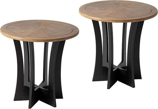Farmhouse Round End Table X 2P with Criss-Cross Wood Legs, Rustic French Country Side Table for Dinning or Living Room, Modern, Black, Natural Wood, 23.62’’W*23.62’’D*23.22’’H