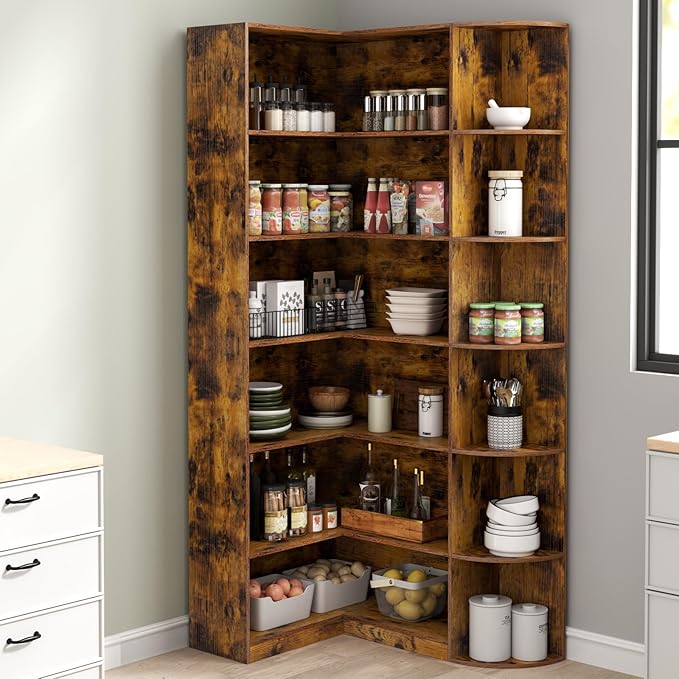 Loomie Bookshelves, 6 Tiers Shelf Large Tall Corner Etagere Bookcase with Full Baffle, L-Shaped Modern Storage Display Industrial Book Shelf for Bedroom, Home Office, Living Room & Kitchen, Rustic