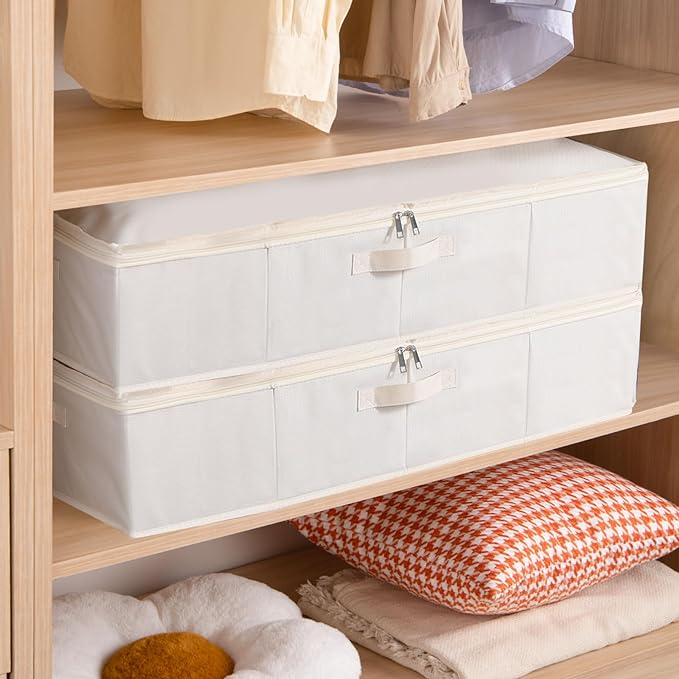 Underbed Storage Box, Clothes Organizer With Sturdy Structure and Reinforced Handles for Blanket, Sheets, Pillows, Towels, Shoes, Beige, 3 Pack, 31.5 x 15.7 x 5.9 Inch