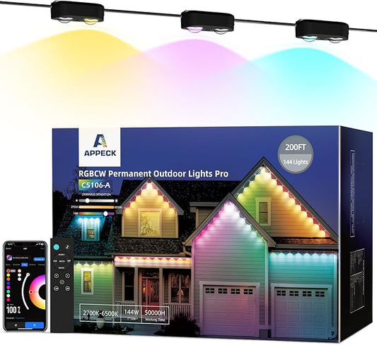 Permanent Outdoor Lights Pro 200ft, RGBCW Smart Eaves Lights with 144 LED Lights, Dual Lens, Cuttable, 111 Scene Modes, IP67 Waterproof Lighting for Holiday Decoration, Work with Alexa, Black