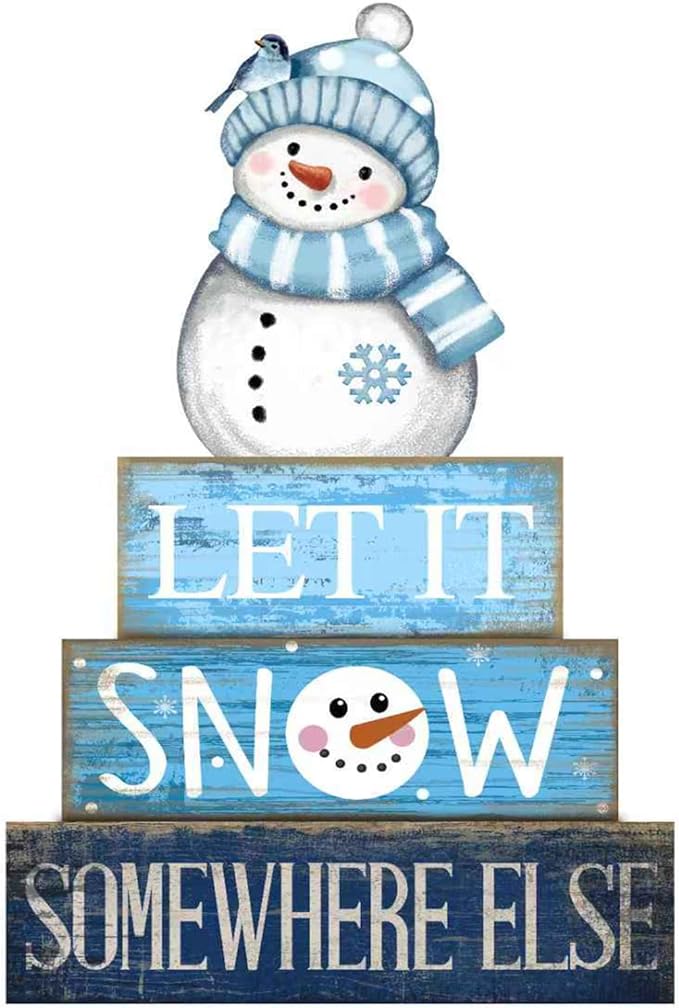 4 Pcs Snowman Christmas Table Decorations Winter Tiered Tray Decor Christmas Centerpiece Rustic Blue and White Decorative Snowman Block Sign Gift for Winter Wonderland Party Home Kitchen