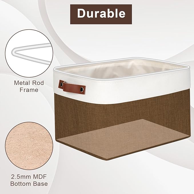 Storage Bins Large Fabric Storage Baskets for Shelves 3 Pack, Decorative Linen Closet Baskets with Handles for Organizing, Shelf, Clothes, Home, Office, 15x11x9.5Inches (Brown&White)