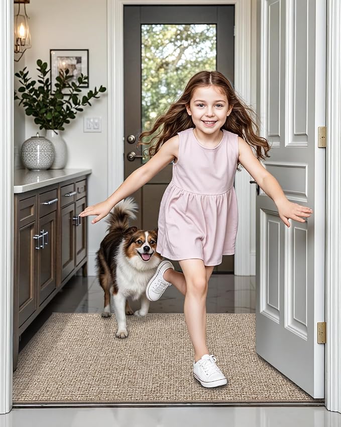 LUMI Indoor Door Mat 24"x36", Ultra Thin Low Profile Non-Slip Doormat for Home Entrance, Absorbent & Stain-Resistant Welcome Mats, Washable Entryway Mat for Front Door, Patio, Porch, Khaki