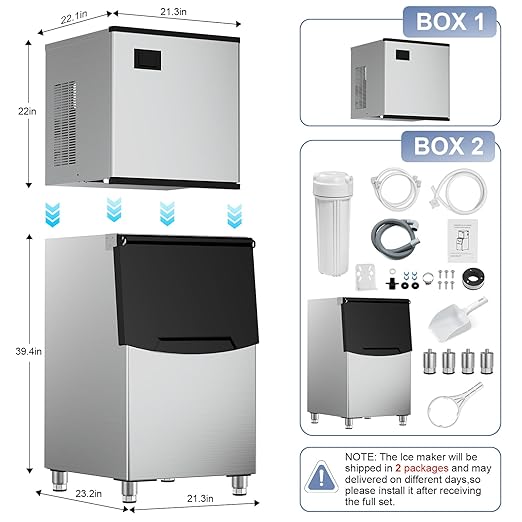 Ice Maker Commercial Ice Machine Large Capacity Stainless Steel 500 Lbs/24H Industrial Ice Machine, 350 Lbs Storage Commercial Ice Machines Free Standing, Cubes Ice Makers Commercial