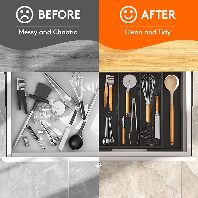 Lifewit Utensil Organizer for Kitchen Drawer, Expandable Cooking Utensil Tray, Bamboo Cutlery Silverware Flatware Holder, Adjustable Spatula Tools and Gadgets Storage Divider, Large, Black