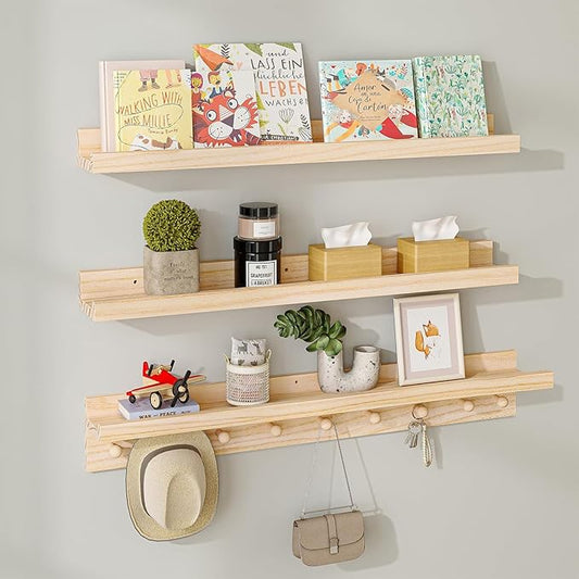 MBYD Wood Wall Shelf With Hooks Floating Shelves for Wall Bathroom Shelves Wall Mounted Nursery Floating Bookshelf for Kids Room Toy Storage Shelf for Bedroom Picture Frames Kitchen (Natural, 36 Inch)