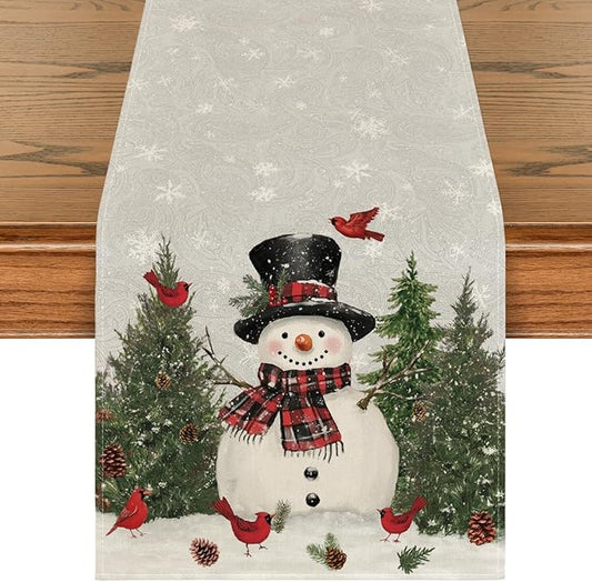 Artoid Mode Snowman Birds Trees Christmas Table Runner, Seasonal Silver Winter Holiday Kitchen Dining Table Decoration for Home Party Decor 13 x 36 Inch