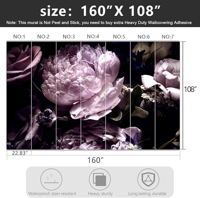'-Black Peony Purple Floral Botanical Fabric Wallpaper Living Room Bedroom Bathroom Dark Flowers Large Wall Mural- 160"x108"（ not Peel and Stick）