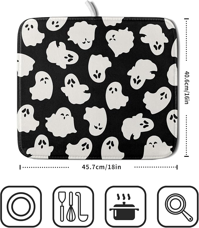Halloween Dish Drying Mat for Kitchen Counter Cute Ghost Holiday Super Absorbent Reversible Microfiber Kitchen Countertop Protector Dishes Pad Small 16x18 inch