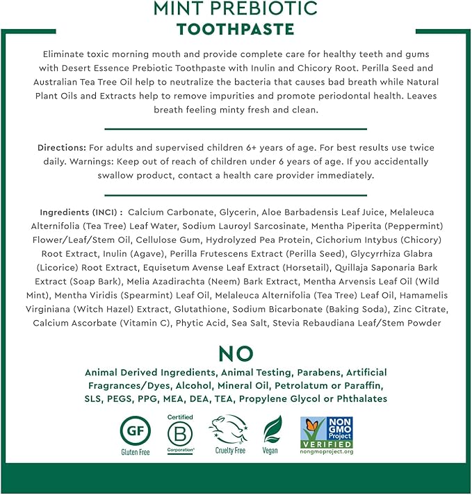 Desert Essence Prebiotic Plant-Based Whitening Toothpaste - Mint - Oral Care with Inulin, Perilla Seed & Aloe - Vegan, Fluoride Free, Non-GMO, Gluten-Free, Cruelty-Free - 6.25 oz