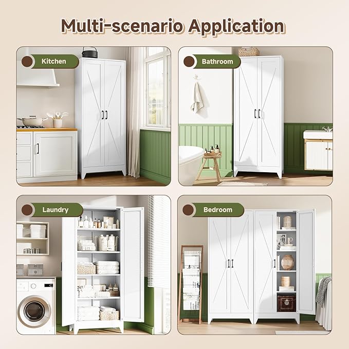 Letaya Storage Cabinet,75" H Metal Kitchen Pantry Cabinets with Doors and Adjustable Shelves,Pantry Organizers for for Cupboard/Office/Garage Room,White