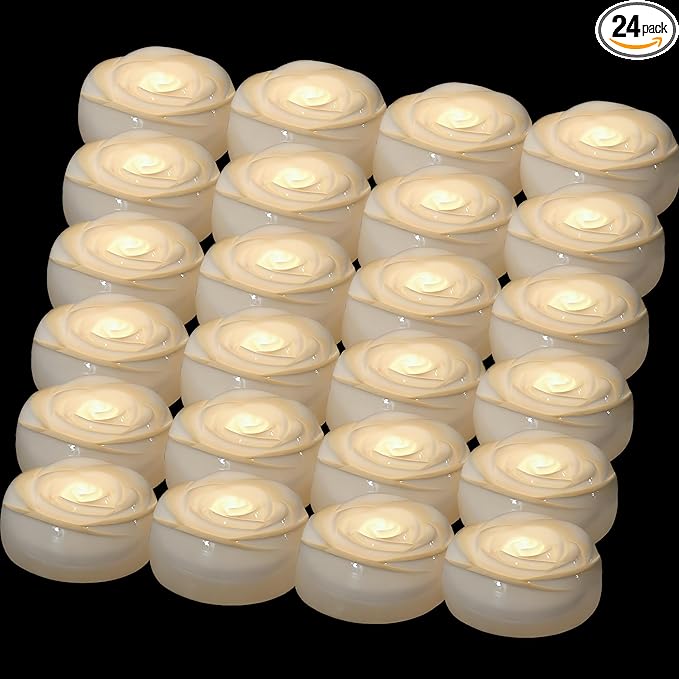 Aignis 24pcs Flameless LED Floating Candles, White Rose Plastic Tealight Battery Operated, 120+ Hours Glow Time, Cozy Light for Romantic Pool/Bathtub/Hot Bath/Wedding Centerpiece Decor(D2.83*H1.42)