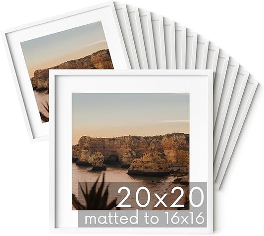 HAUS AND HUES 20x20 White Metal Picture Frames Matted to 16x16 - Features Premium Aluminum & Hanging Hardware, Shatterproof Plexiglass - Ideal for Home, Room, Office (20x20 in, White, Set of 15)