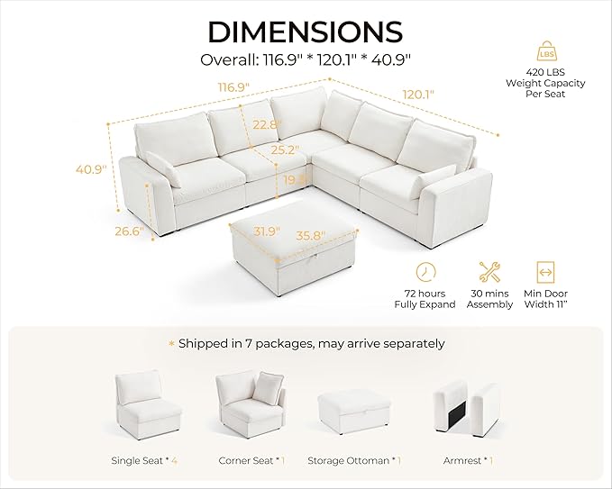 Oversized Modular Sofa Comfy Cloud Couch with Storage, Extra Deep Plush Sectional Sofa Set for Living Room, Covers Washable, Chenille, Olar (White, 6-seatser with Corner & Ottoman, v-Shaped)
