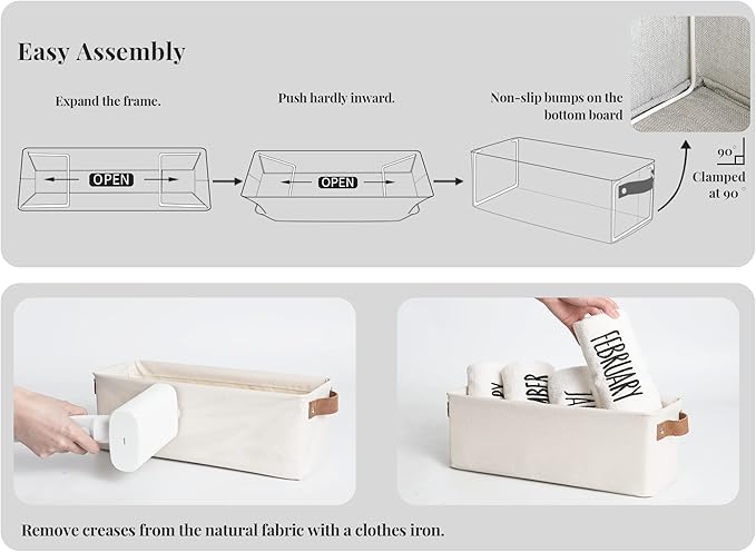 StorageWorks Narrow Storage Bins, Small Basket for Closet and Shelves, Fabric Organizer with Handles, Toilet Paper Storage, Beige, 2-Pack