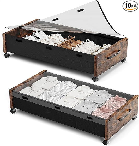Wooden Under Bed Storage with Wheels, Rolling Under the Bed Storage Bins with Removable Lid, Metal Under Bed Drawers for Clothes and Shoes in Bedroom or Living Room(Vintage Brown-2pack)