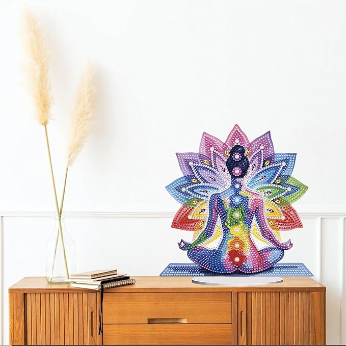 Diamond Painting Kits for Adults Beginners, 5D Full Drill Yoga Crystal Art Desktop Ornament, DIY Single Sided Home Office Desk Decor, Creative Craft Gift Set with Tools