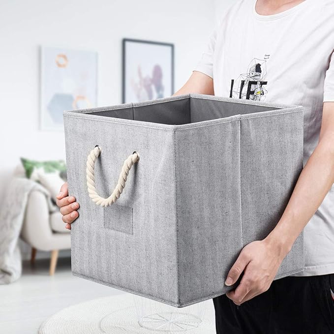 Robuy Cube Storage Bins,Grey Fabric Foldable Storage Bins,Set of 3 Stroage Boxes with Cotton Rope Handles for Organizer Home,Office, Nursery 13x13x13 inch