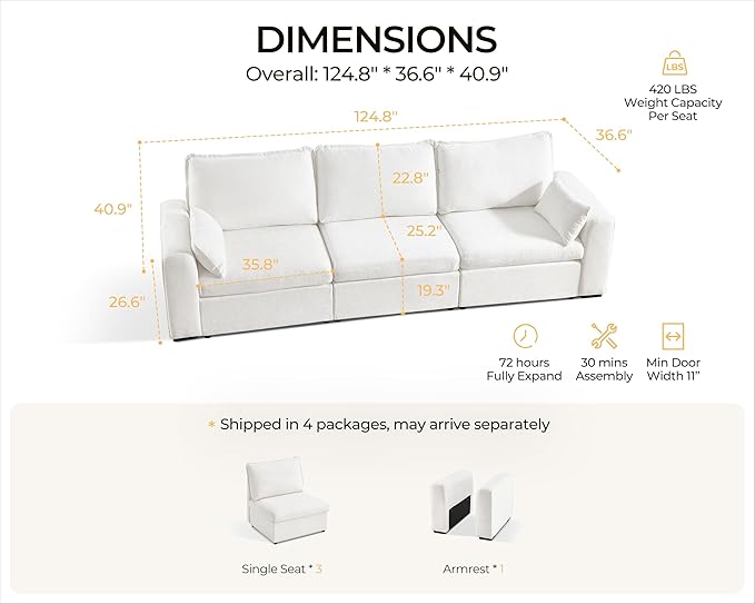 Oversized Modular Sofa Comfy Cloud Couch with Storage, Extra Deep Plush Sectional Sofa Set for Living Room, Covers Washable, Chenille, Olar (White, 3-Seater, Basic Shape)