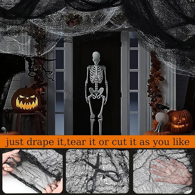 (Large Size 48 x 315 inch) Halloween Creepy Cloth - Spooky Giant Cheese Cloth Tapestry for Outdoor Yard Home Wall Decor Halloween Party Supplies & Decorations - Black