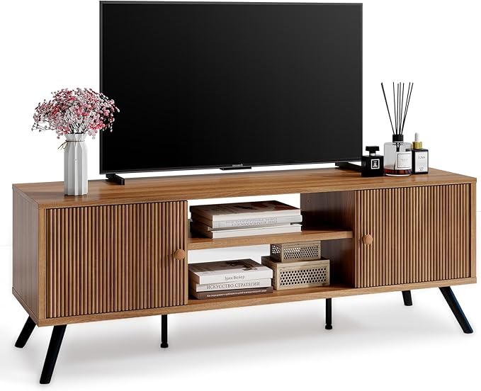 COMHOMA TV Stand for Living Room, Mid Century Modern Entertainment Center for 55/60/65 Inch TVs, Retro Brown TV Console with Fluted Door Cabinets and Open Adjustable Shelve Storage for Bedroom