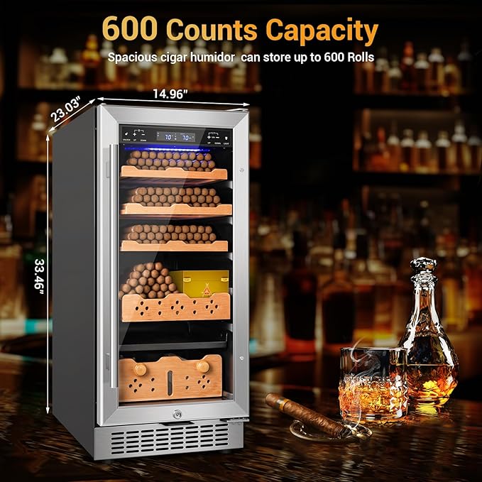 Electric Cigar Humidor,15 Inch Upgraded Large Capacity Electric Cigar Cabinet with Powerful Compressor, Digital LED Screen, Safety Lock,Smart Temperature Control,Father's Day Gift for Men