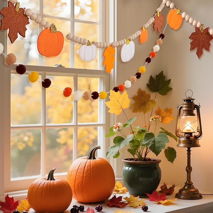 2 Pcs Fall Decorations for Home, Felt Pumpkin Leaves Garland and Wood Bead for Mantel, Felt Ball Garland, Thanksgving Decorations Indoor, Pumpkin Banner