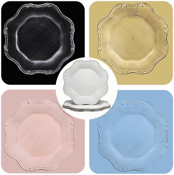 Gold Charger Plates Set of 6, Decorative Table Plastic Chargers for Dinner Plates, Party, Wedding, Thanksgiving, Christmas, 22G