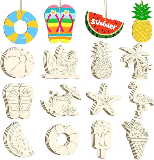36PCS Wooden Summer Ornaments to Paint, 12 Styles DIY Blank Unfinished Wood Beach Cutouts Ornament for Crafts Hanging Decorations, Watermelon Surfboard Slippers Coconut Tree Home Decorations Gifts