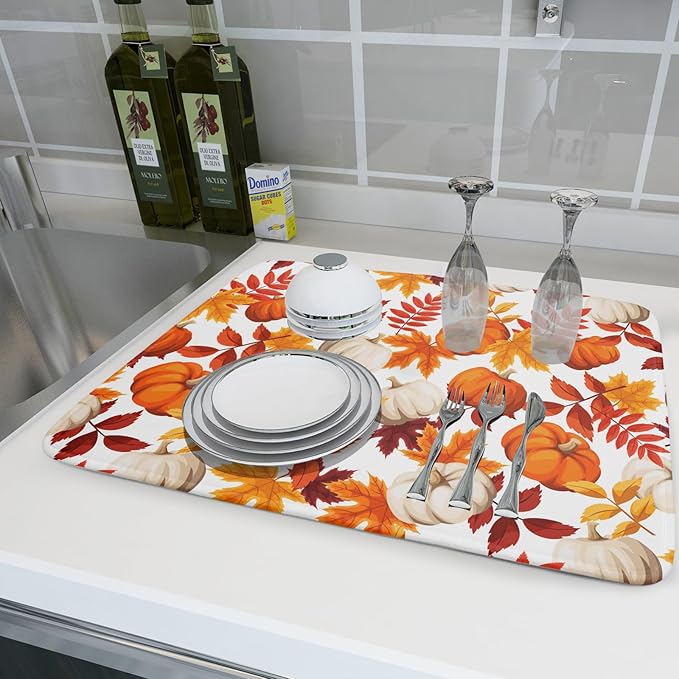 Fall Dish Drying Mat for Kitchen Counter Watercolor Pumpkins Autumn Leaves Thanksgiving Super Absorbent Reversible Microfiber Kitchen Countertop Protector Dishes Pad Large 18x24 inch