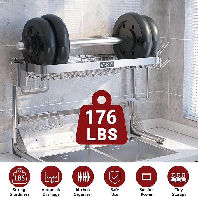 VNKZI Over Sink Dish Drying Rack, 2 Tier Full Stainless Steel Storage Adjustable Length (25.98'' to 36.61'') Kitchen Rack, Multifunctional Expandable Counter Organizer, Space Saver Dish Rack