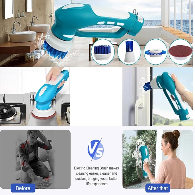 Electric Scrubber Power Cordless, Portable 360 Handheld Washing Cleaning Machine with 6 Replaceable Brush Heads, High Rotation for Bathroom, Floor, Kitchen, Car, Sink, Wall, Window
