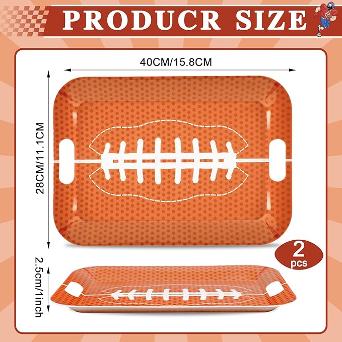 gisgfim 2Pcs Football Serving Trays with Handles 16 x 11 Inch Large Melamine Tray Rectangular Sports Serving Platter Rugby Tray Melamine Dishes for Serving Food Outdoor Dinner Dessert Plates Party Set