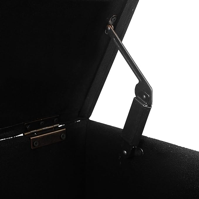 Adeco 17.5" Square Fabric Ottoman with Storage - Upholstered Cotton Linen Foot Rest - Flip Top Footstool with Sturdy Wood Legs, Small Cube Coffee Table Extra Seat for Living Room, Bedroom, Black