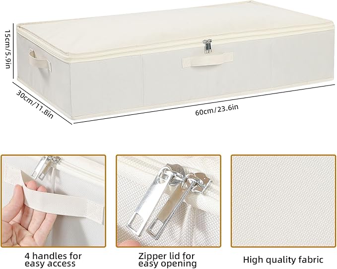 Under the Bed Storage Bins, Closet Organizers with Reinforced Handles for Blanket, Sheets, Pillows, Towels, Shoes, Beige, 3 Pack, 23.6 x 11.8 x 5.9 Inch