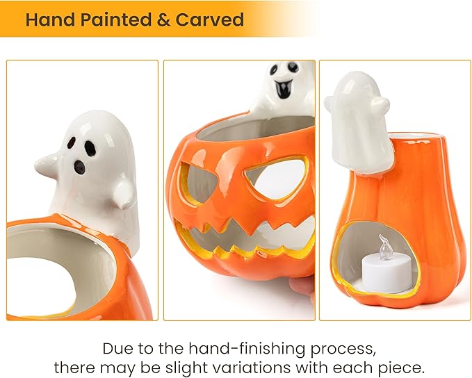 AELS Halloween Pumpkin Tealight Holders – Set of 3 Ceramic Jack O' Lantern Candle Holders with Ghosts, Spooky Sculptures Ghost Figurines, Indoor Tabletop Decorations for Holiday Party Home