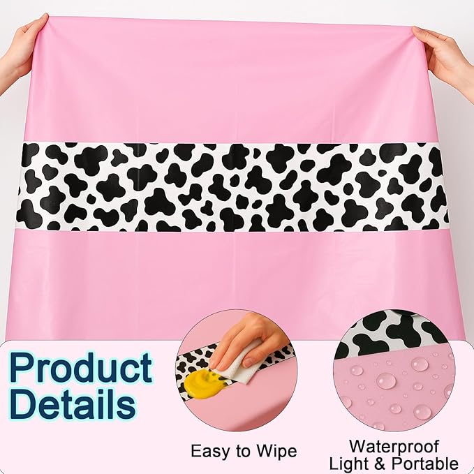3 Pack 108 x 54 Inch Cow Print Tablecloth Cow Plastic Table Cover Birthday Party Table Cloth Disposable Plastic Farm Animal Party Cover for Disco Cowgirl Decorations Supplies Pink
