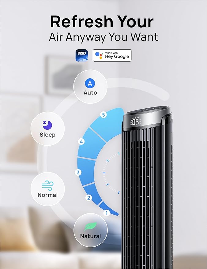 Dreo Smart Tower Fan for Bedroom, 90° Oscillating 40" Standing Fan, 26ft/s High-Speed 5 Speeds 4 Modes, Quiet Room Floor Fans, Touch/Remote/APP & Voice Control, Work with Alexa, 12H Timer, Silver