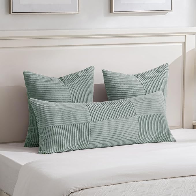 Fancy Homi 2 Packs Grey Blue Euro Decorative Throw Pillow Covers 26x26 Inch for Couch Bed Sofa, Rustic Farmhouse Boho Home Decor, Soft Corss Corduroy Patchwork Textured Square Cushion Case 66x66 cm