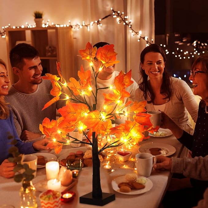 2 Pack Fall Lighted Maple Tree 48 LED Lights Thanksgiving Decoration Artificial Tree Lights 20 inch Battery or USB Powered DIY Table Light for Desktop Autumn Harvest Party Indoor Decor