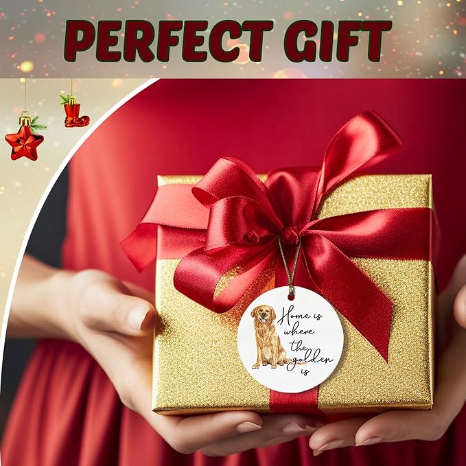 Golden Retriever Decor Gifts Ornament, Home is Where The Golden is Ceramic Christmas Ornament Keepsake Sign Plaque