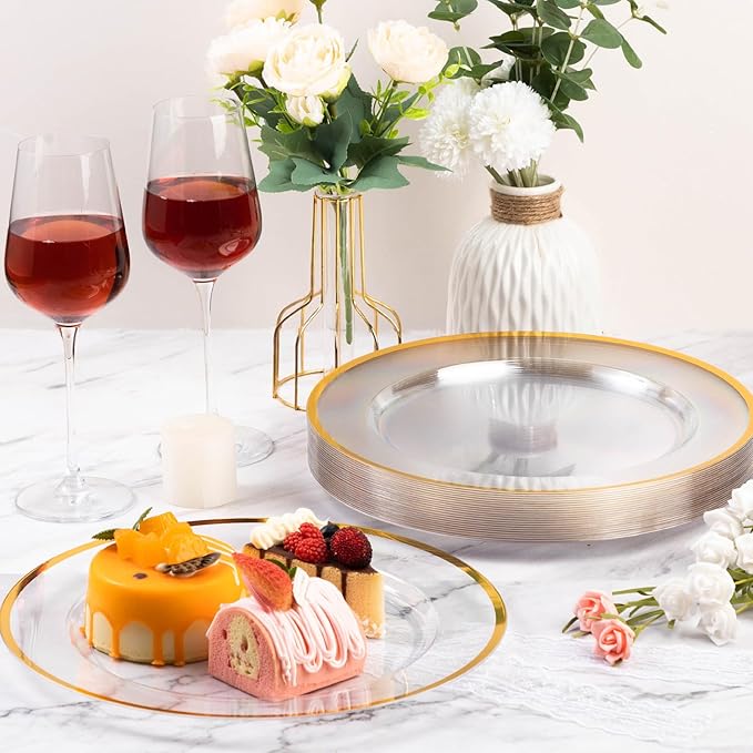 Goodluck 12 Inch Disposable Charger Plates Plastic, 100 Pack Plastic Clear Charger with Gold Rim, Gold Charger Plates for Dinner, Wedding, Party