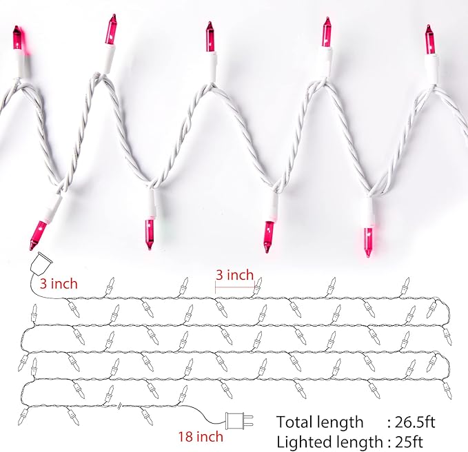 Pink String Lights with 100 Clear Bulbs on White Wire - 26.5 FT Waterproof Connectable Mini Tree Lights for Indoor Outdoor Use Party Holiday Patio Decorations
