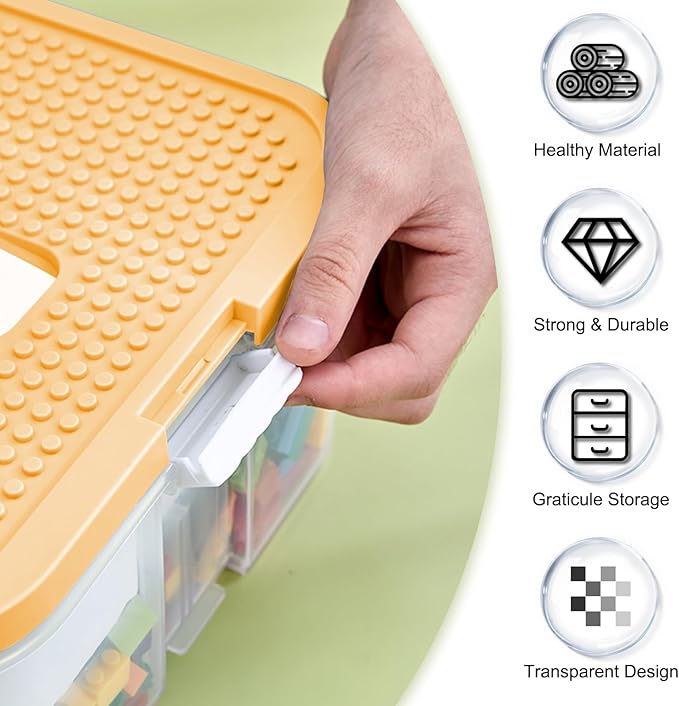 Toys Organizer Storage Case for Lego Box Kids Toy Stackable Building Blocks with Lids Bins Adjustable Lego Storage Containers Plastic Toy Box 3 Layer (Lemon)