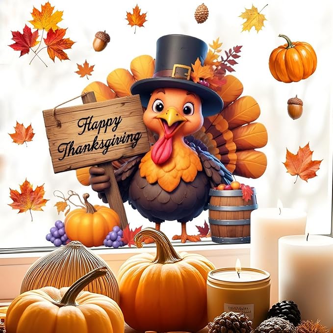 Fall Window Clings for Glass Thanksgiving Static Cling Window Decals 1PCS Turkey Pumpkin Maple Leaves Autumn Reusable Window Stickers Home School Office Decorations