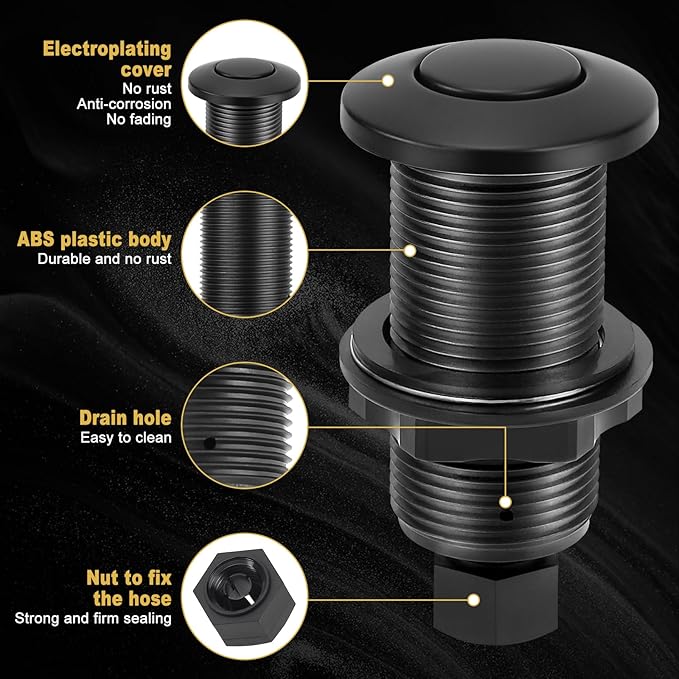 Garbage Disposal Air Switch Kit, Garbage Disposal Button, Sink Top Waste Disposer On/Off Switch, Matte Black (Stainless Steel Cover), UL Listed Air Switch Compatible with All Garbage Disposals