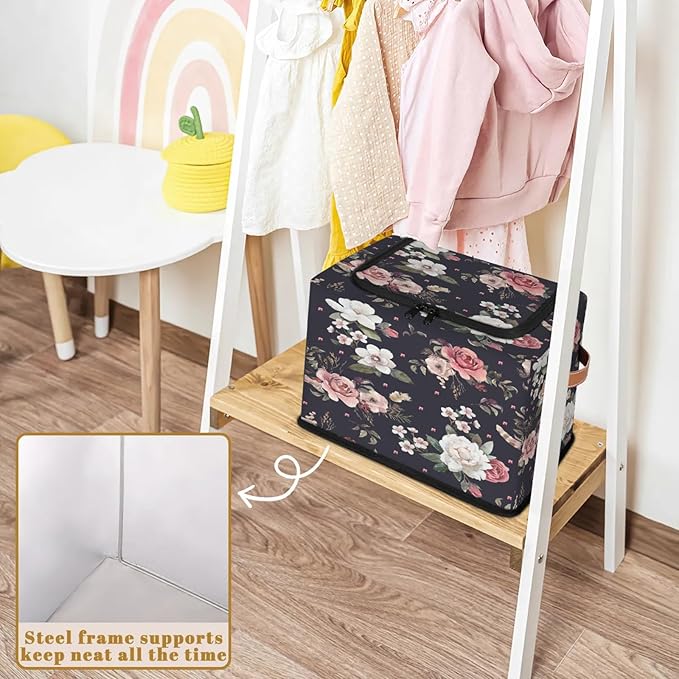 Rectangular Storage Baskets for Shelves - Waterproof Foldable Laundry Basket, Nursery Hamper, Reusable Toy Bin for Organizing Toys, Books, Clothes, Closet 14"x10.2" x10.4" (Flowers)