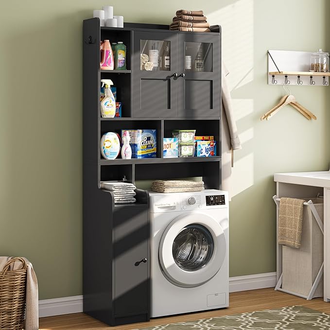 Itaar Over The Toilet Storage Cabinet, Over Toilet Bathroom Organizer with Glass Doors & Toilet Paper Holder Stand, Home Space-Saving Toilet Rack, for Bathroom, Restroom, Laundry(Black)