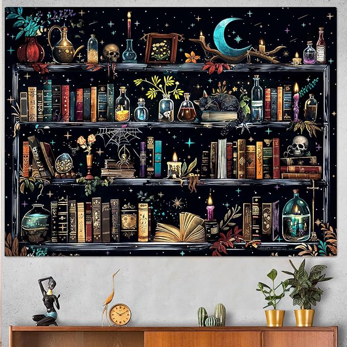 Accnicc Magic Bookshelf Tapestry Magical Witchy Potion Dark Hippie Haloween Tapestries Wall Hanging Gothic Skull Black Cat Library Book Tapestry for Bedroom Living Room Dorm 80 x 60 inch